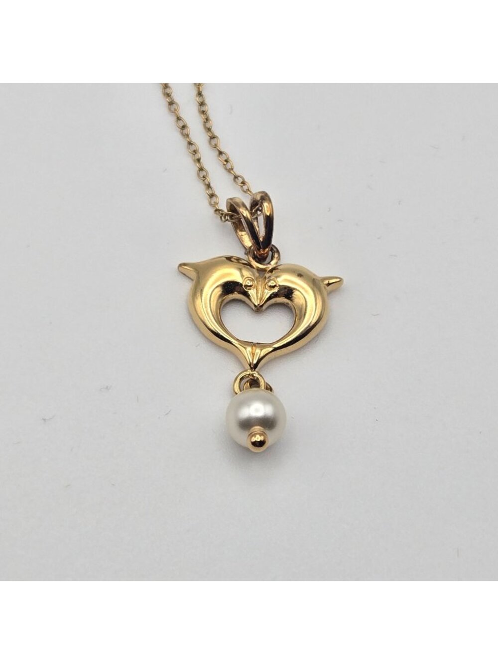 Dolphin Heart Pendant Necklace Pearl Charm Gold-Plated Sterling Silver 18" Chain